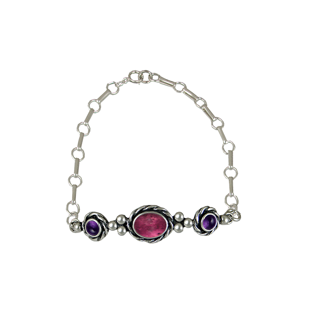 Sterling Silver Gemstone Adjustable Chain Bracelet With Pink Tourmaline And Amethyst
